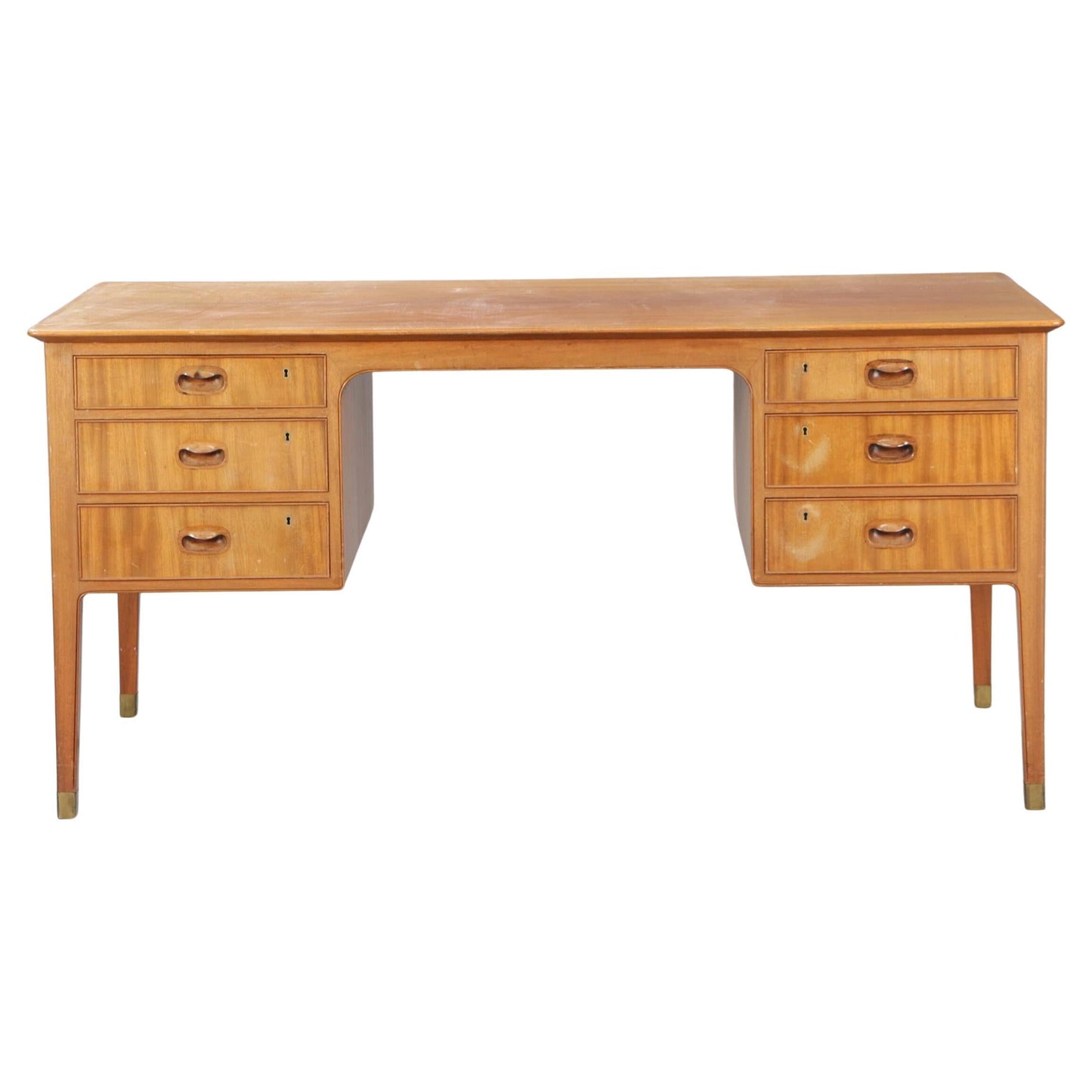 Gustav Bertelsen desk with brass shoes and six drawers