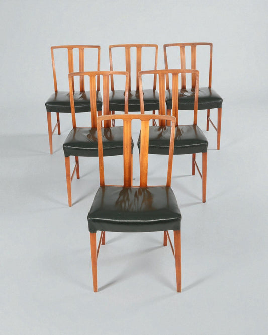 1947 Peder Pedersen Set of 6 Solid Wood Dining Chairs in Black Leather Upholstery