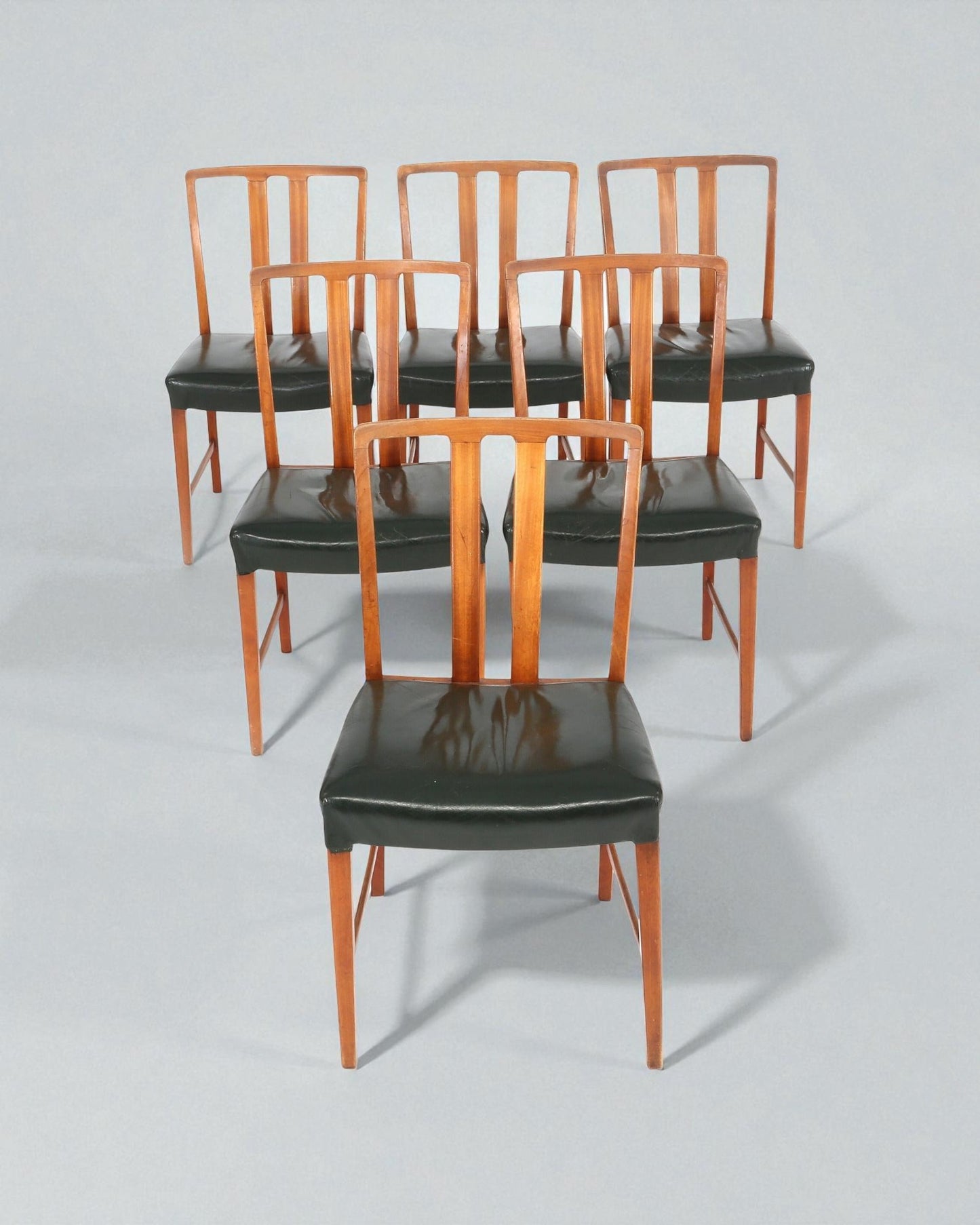 1947 Peder Pedersen Set of 6 Solid Wood Dining Chairs in Black Leather Upholstery