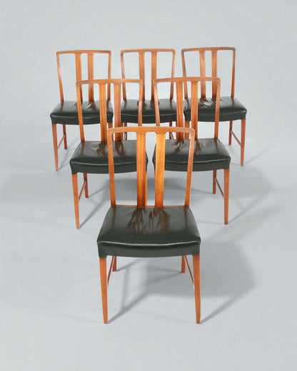 1947 Peder Pedersen Set of 6 Solid Wood Dining Chairs in Black Leather Upholstery