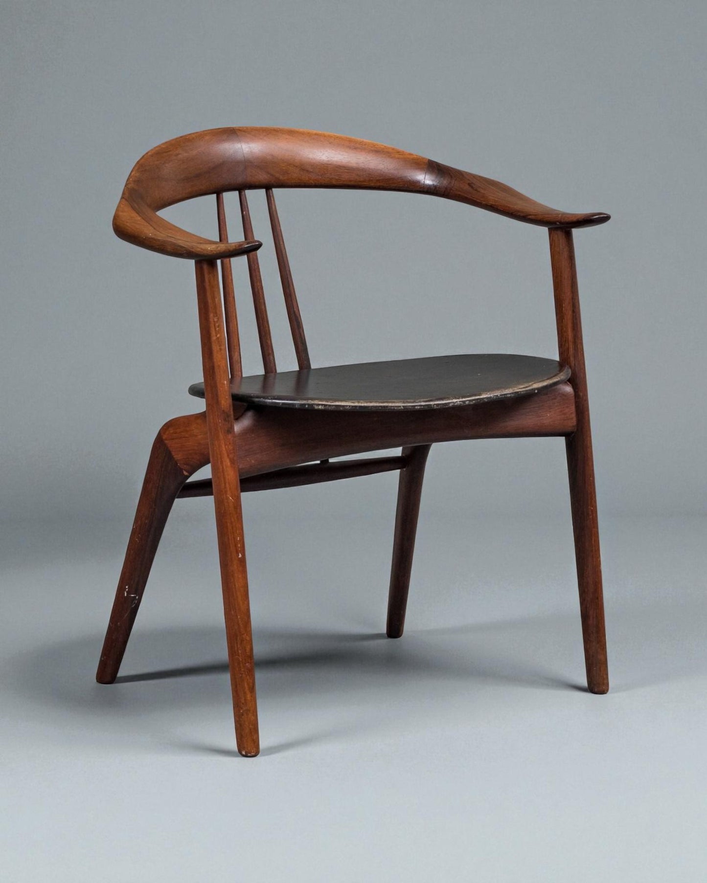 1950s Arne Hovmand-Olsen Solid Wood Armchair, Original Black Leather Upholstery
