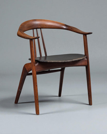 1950s Arne Hovmand-Olsen Solid Wood Armchair, Original Black Leather Upholstery