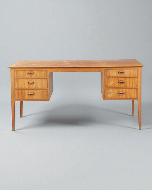 1950s Gustav Bertelsen desk with brass shoes and six drawers