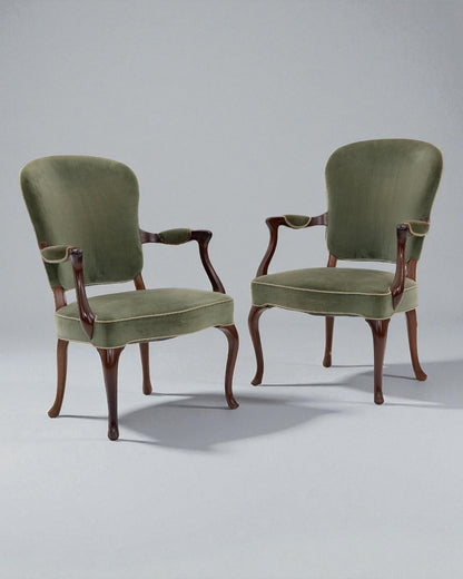 1950s Frits Henningsen Pair of Hardwood Beech Armchairs with Green Velour