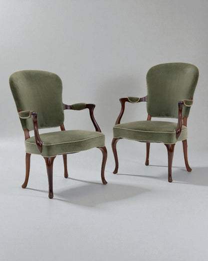 1950s Frits Henningsen Pair of Hardwood Beech Armchairs with Green Velour