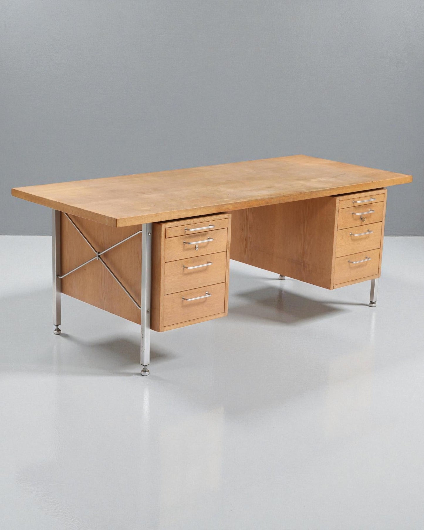 1960s Hans Wegner Desk, Steel Legs and Frame, Oak Top and Drawers