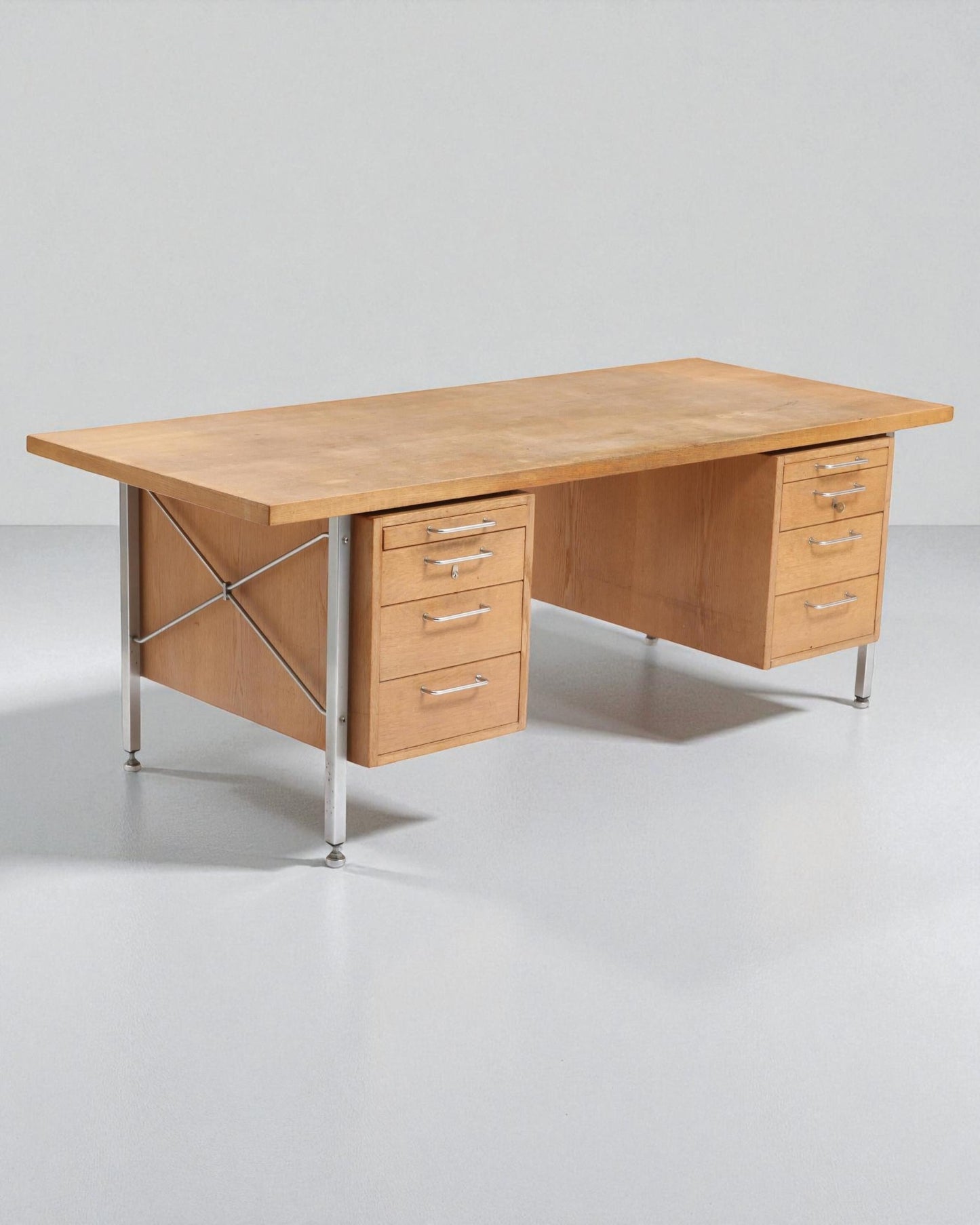 1960s Hans Wegner Desk, Steel Legs and Frame, Oak Top and Drawers