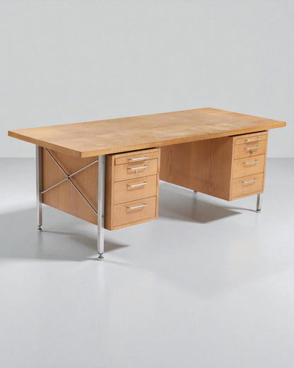 1960s Hans Wegner Desk, Steel Legs and Frame, Oak Top and Drawers
