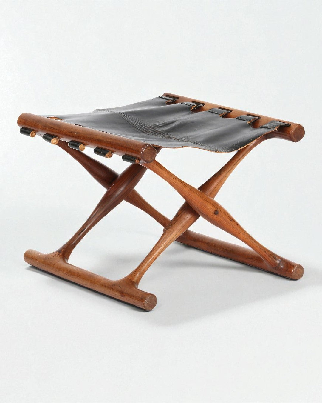 1960s Poul Hundevad “Gold Hill Chair” Solid Wood Folding Stool and Black Leather