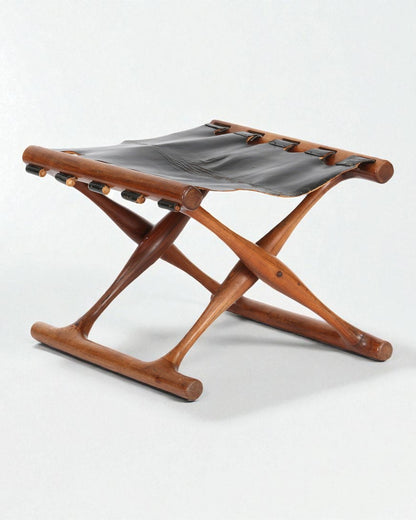1960s Poul Hundevad “Gold Hill Chair” Solid Wood Folding Stool and Black Leather