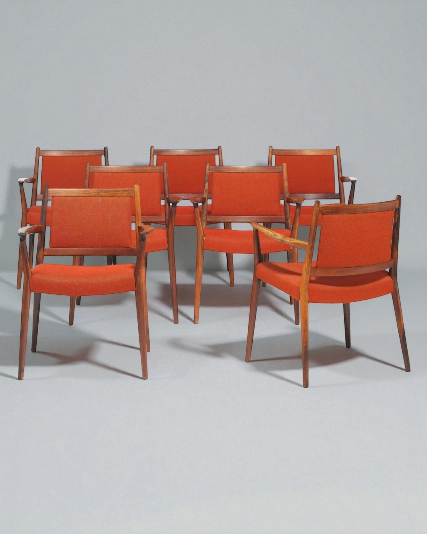 1960s Steffen Syrach-Larsen, 7 Solid Wood Carver Chairs, Red Wool Upholstery