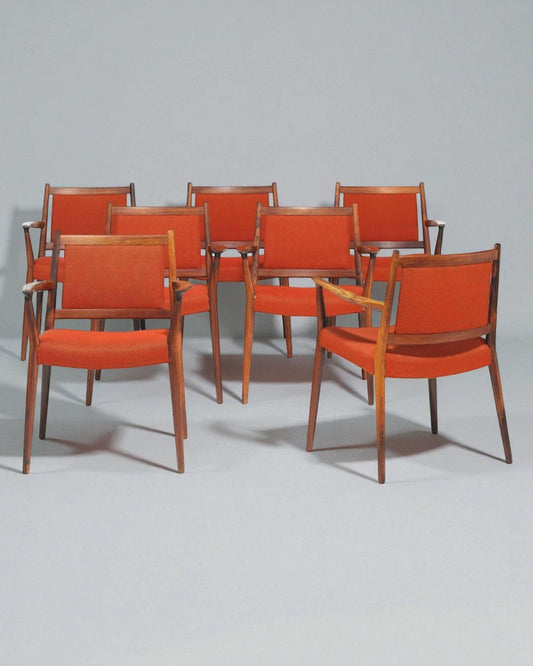 1960s Steffen Syrach-Larsen, 7 Solid Wood Carver Chairs, Red Wool Upholstery