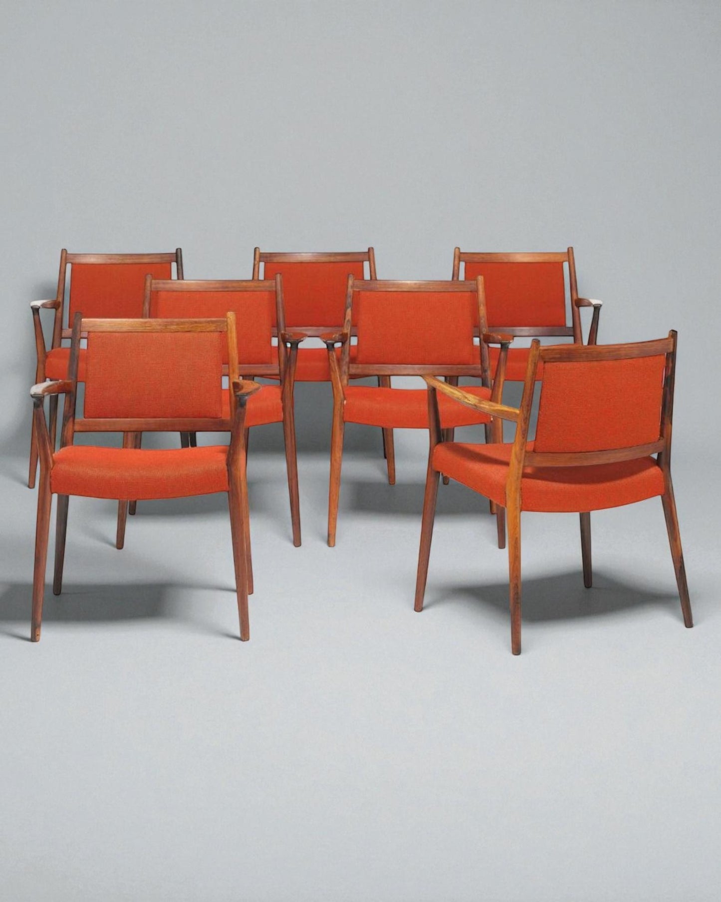 1960s Steffen Syrach-Larsen, 7 Solid Wood Carver Chairs, Red Wool Upholstery
