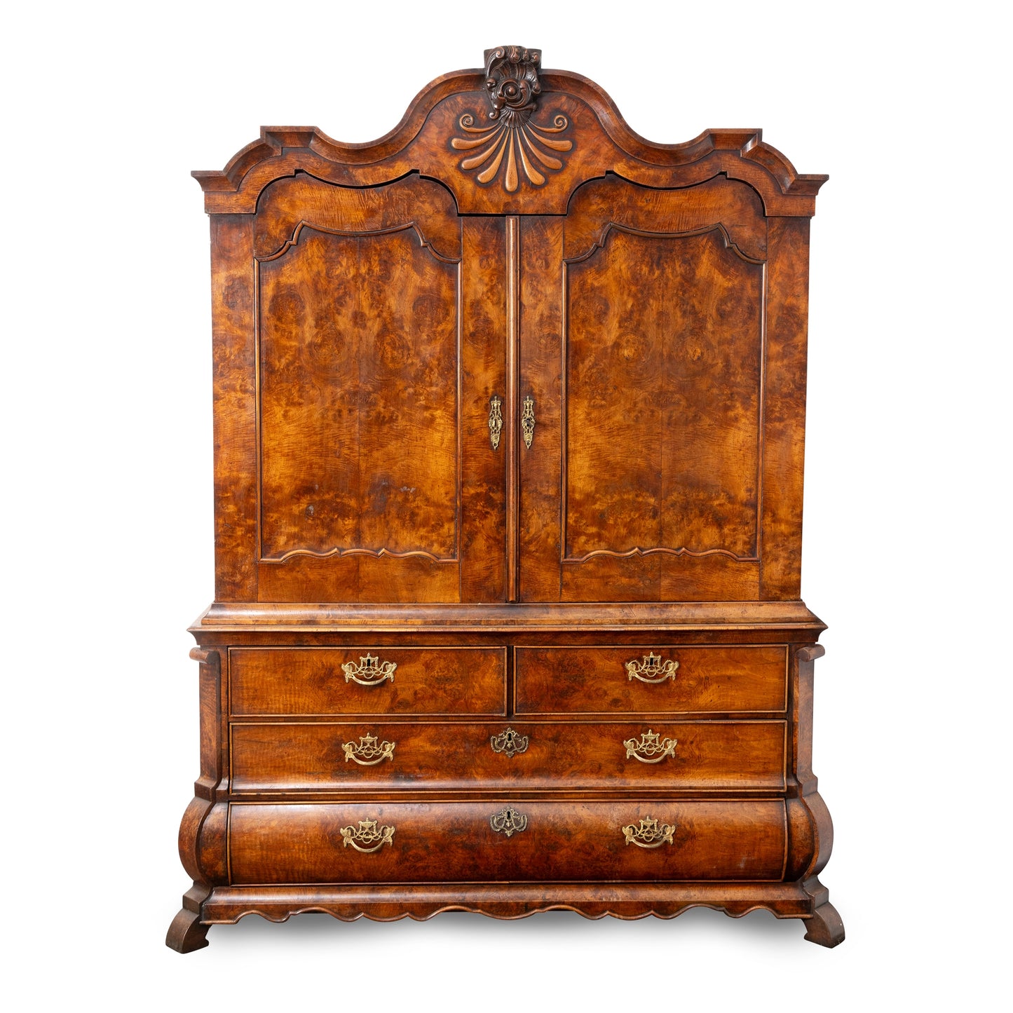 19C DUTCH WALNUT LINEN PRESS OF BOMBE FORM