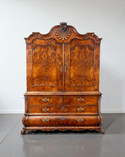 19C DUTCH WALNUT LINEN PRESS OF BOMBE FORM
