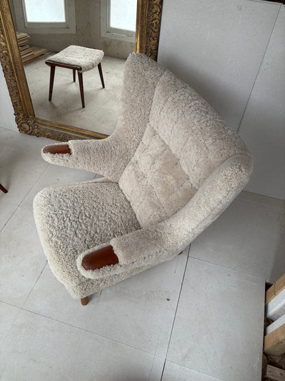 Hans Wegner Papa Bear Chair with Footstool in Lambs Wool Hide