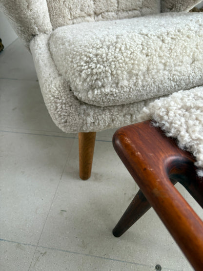 Hans Wegner Papa Bear Chair with Footstool in Lambs Wool Hide