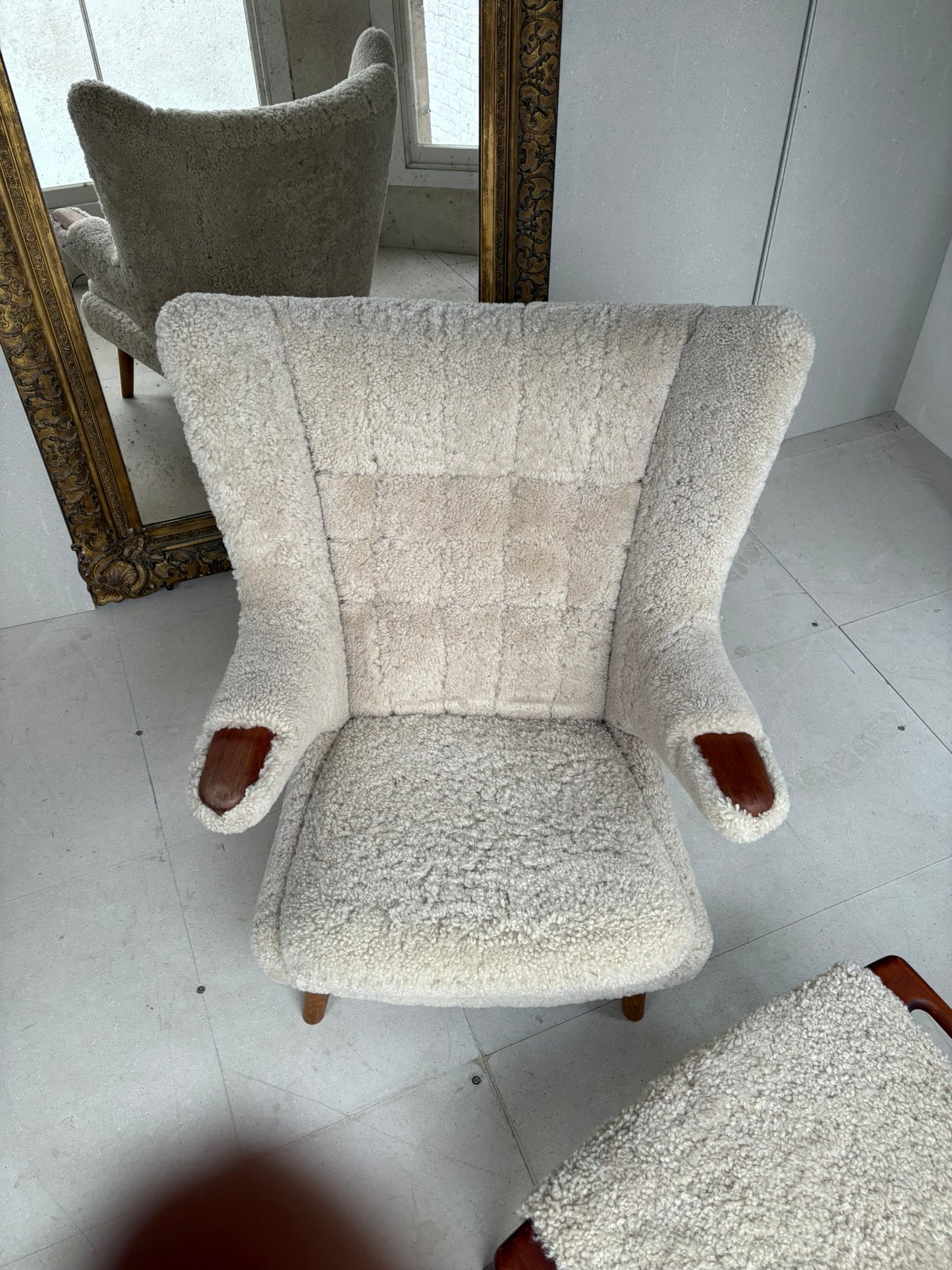 Hans Wegner Papa Bear Chair with Footstool in Lambs Wool Hide