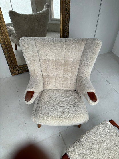Hans Wegner Papa Bear Chair with Footstool in Lambs Wool Hide