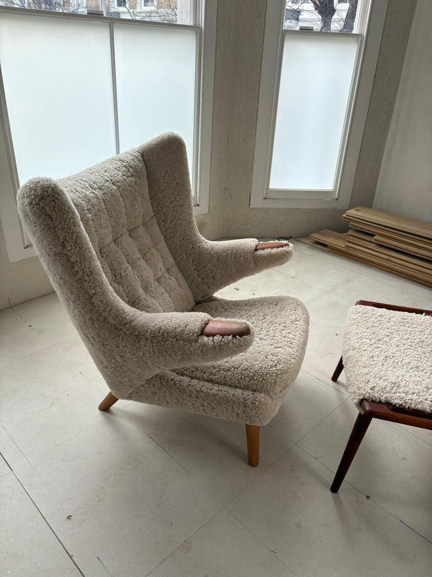 Hans Wegner Papa Bear Chair with Footstool in Lambs Wool Hide
