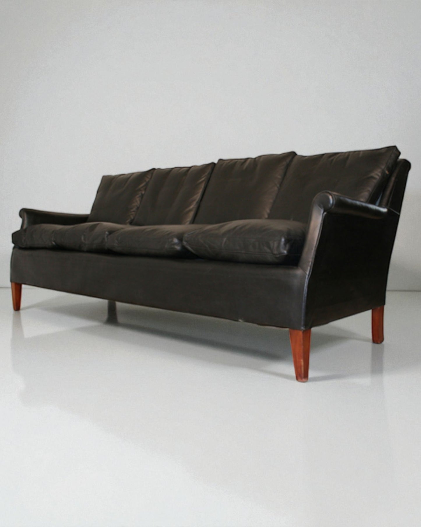 Frits Henningsen 1950s Danish Armchair and 4-seat Black Leather Sofa