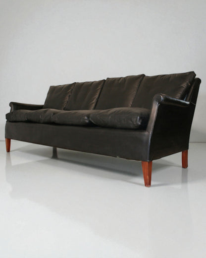 Frits Henningsen 1950s Danish Armchair and 4-seat Black Leather Sofa