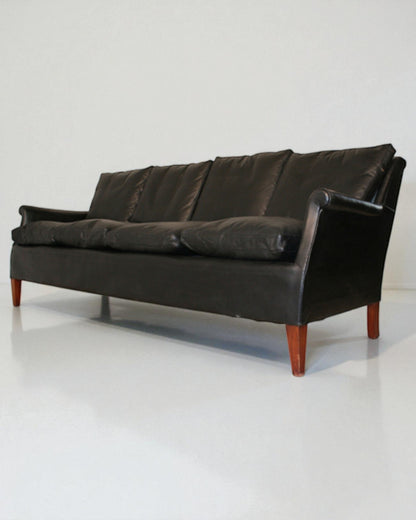 Frits Henningsen 1950s Danish Armchair and 4-seat Black Leather Sofa