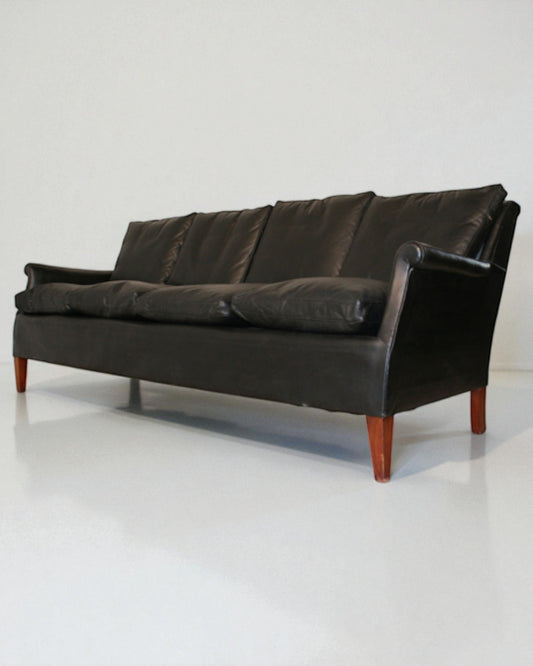 Frits Henningsen 1950s Danish Armchair and 4-seat Black Leather Sofa