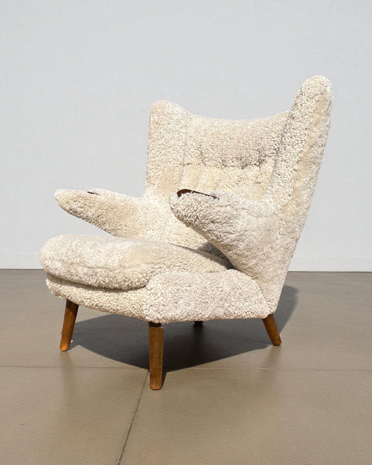 Hans Wegner Papa Bear Chair with Footstool in Lambs Wool Hide