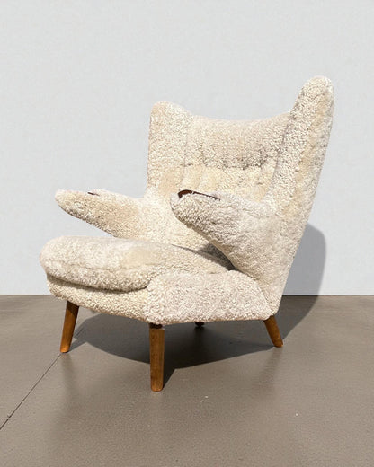 Hans Wegner Papa Bear Chair with Footstool in Lambs Wool Hide