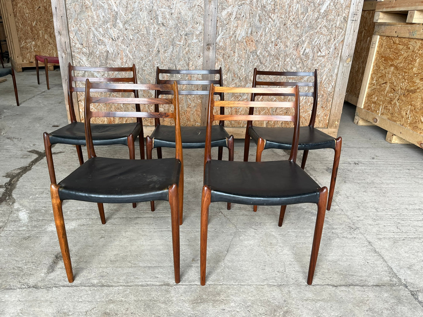 N O Moller 1962 Model 78 Dining Chair Set in Original Black Leather