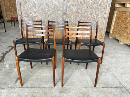 N O Moller 1962 Model 78 Dining Chair Set in Original Black Leather