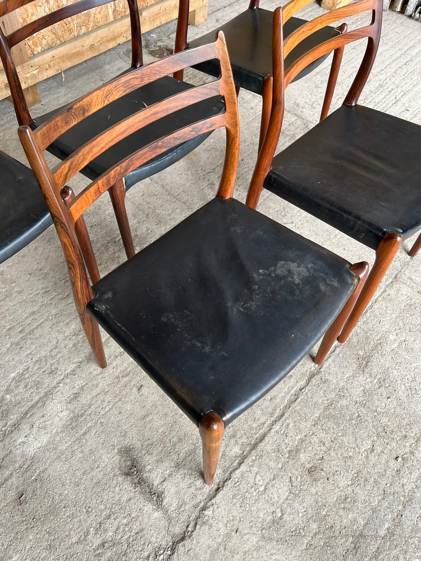 N O Moller 1962 Model 78 Dining Chair Set in Original Black Leather