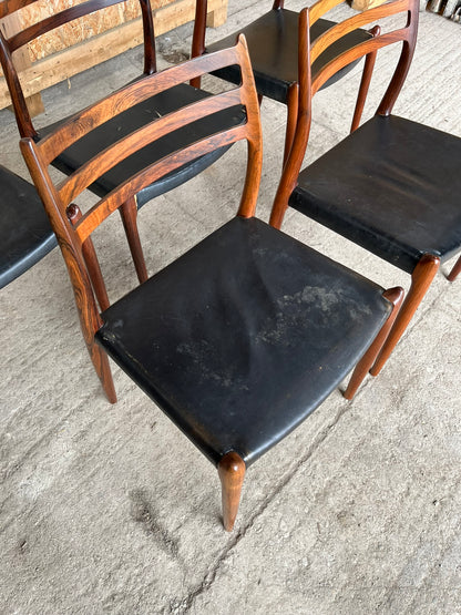 N O Moller 1962 Model 78 Dining Chair Set in Original Black Leather