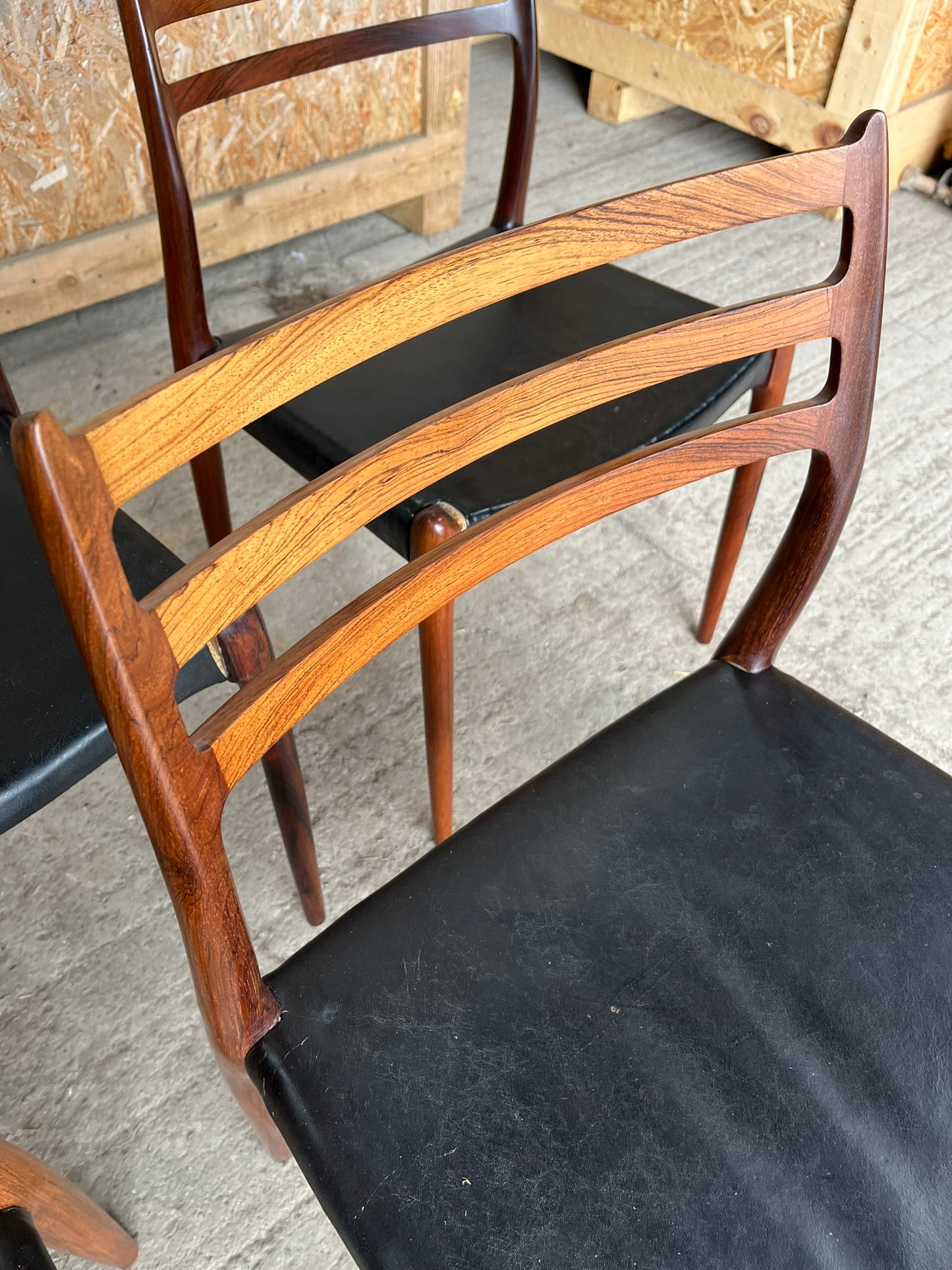 N O Moller 1962 Model 78 Dining Chair Set in Original Black Leather