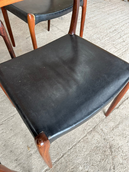 N O Moller 1962 Model 78 Dining Chair Set in Original Black Leather