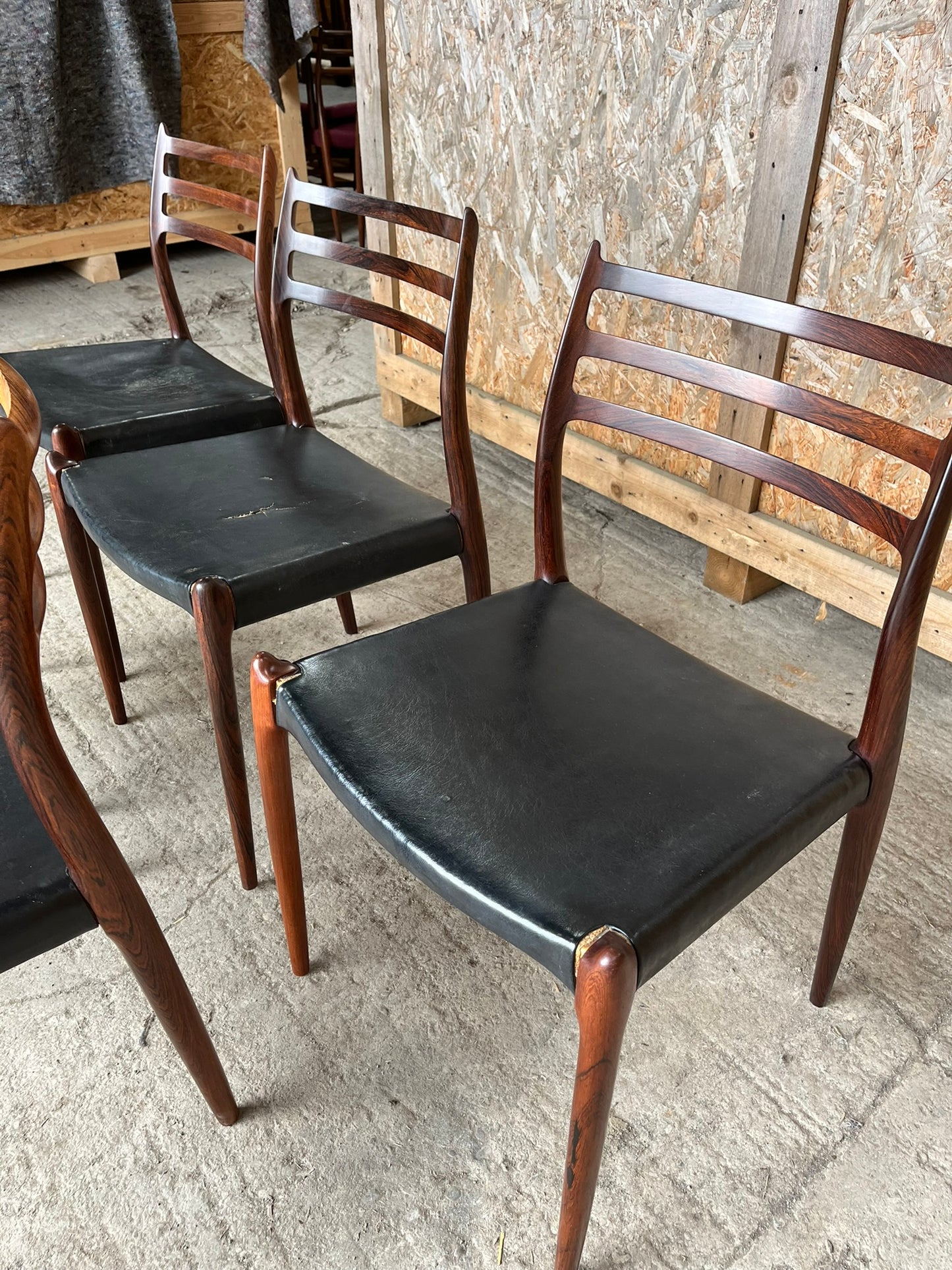 N O Moller 1962 Model 78 Dining Chair Set in Original Black Leather