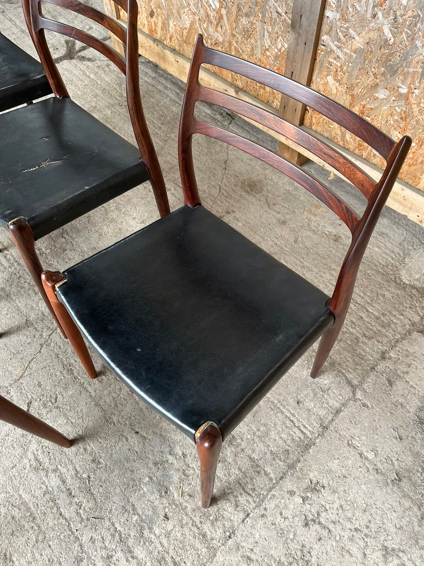N O Moller 1962 Model 78 Dining Chair Set in Original Black Leather