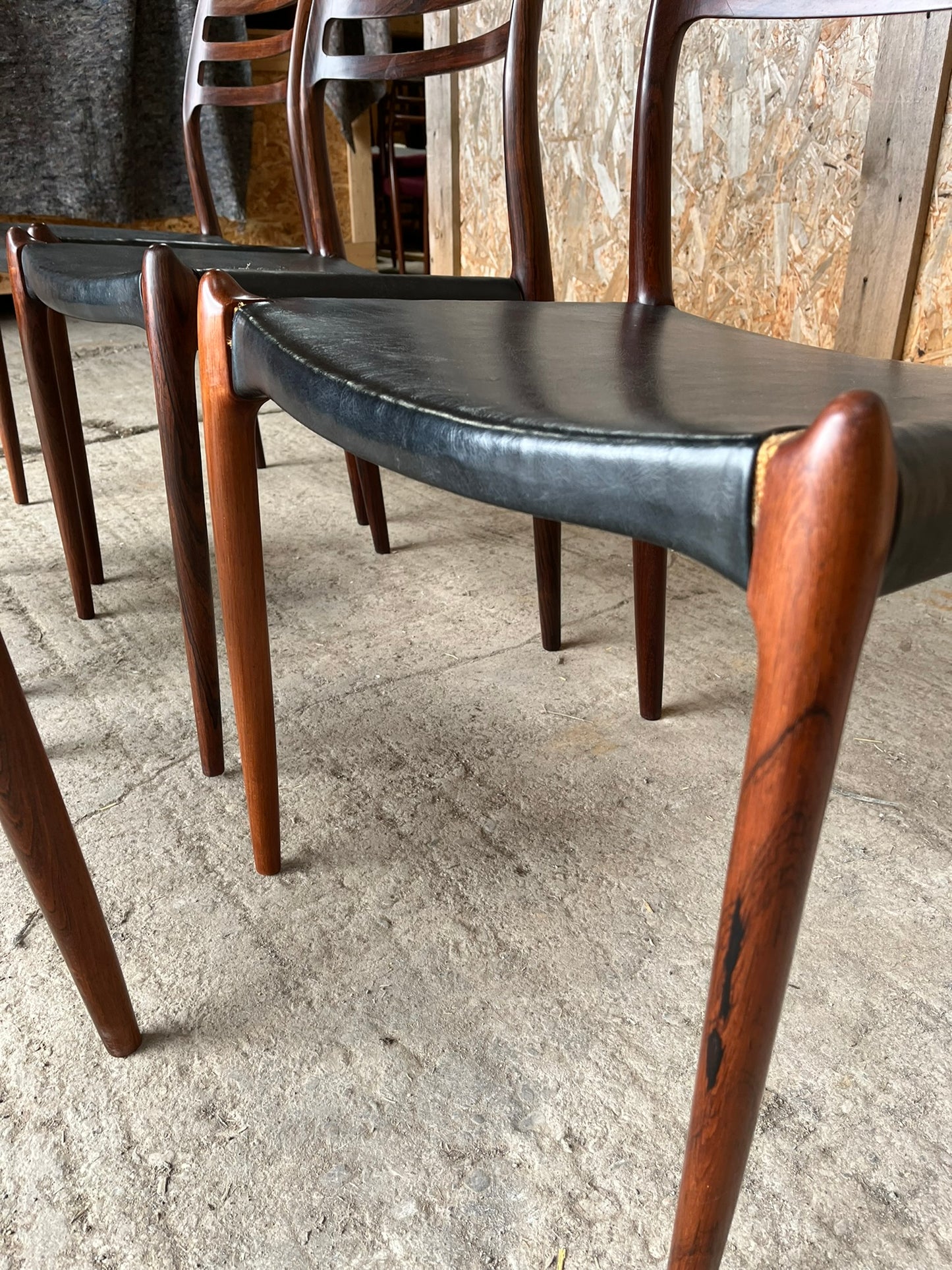 N O Moller 1962 Model 78 Dining Chair Set in Original Black Leather