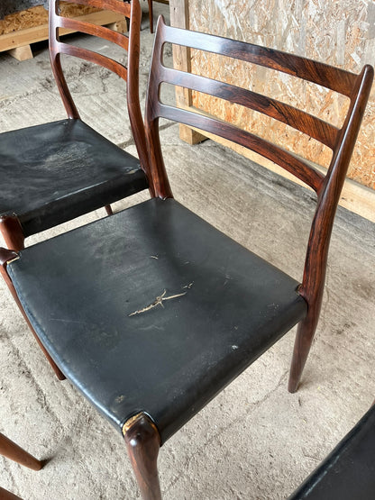 N O Moller 1962 Model 78 Dining Chair Set in Original Black Leather