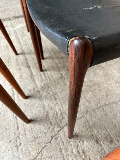 N O Moller 1962 Model 78 Dining Chair Set in Original Black Leather