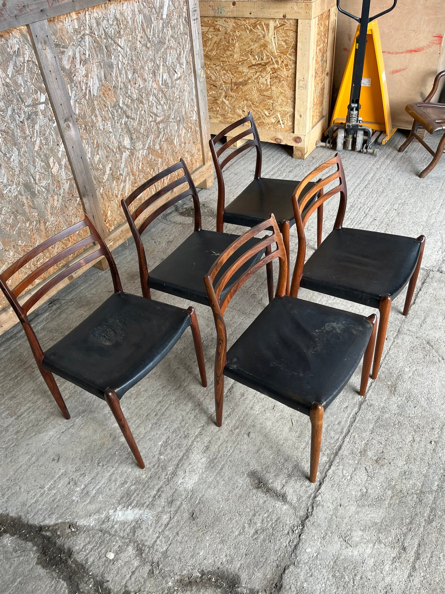 N O Moller 1962 Model 78 Dining Chair Set in Original Black Leather