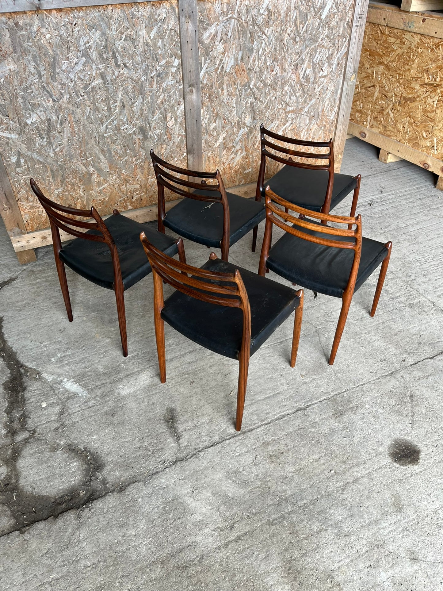 N O Moller 1962 Model 78 Dining Chair Set in Original Black Leather