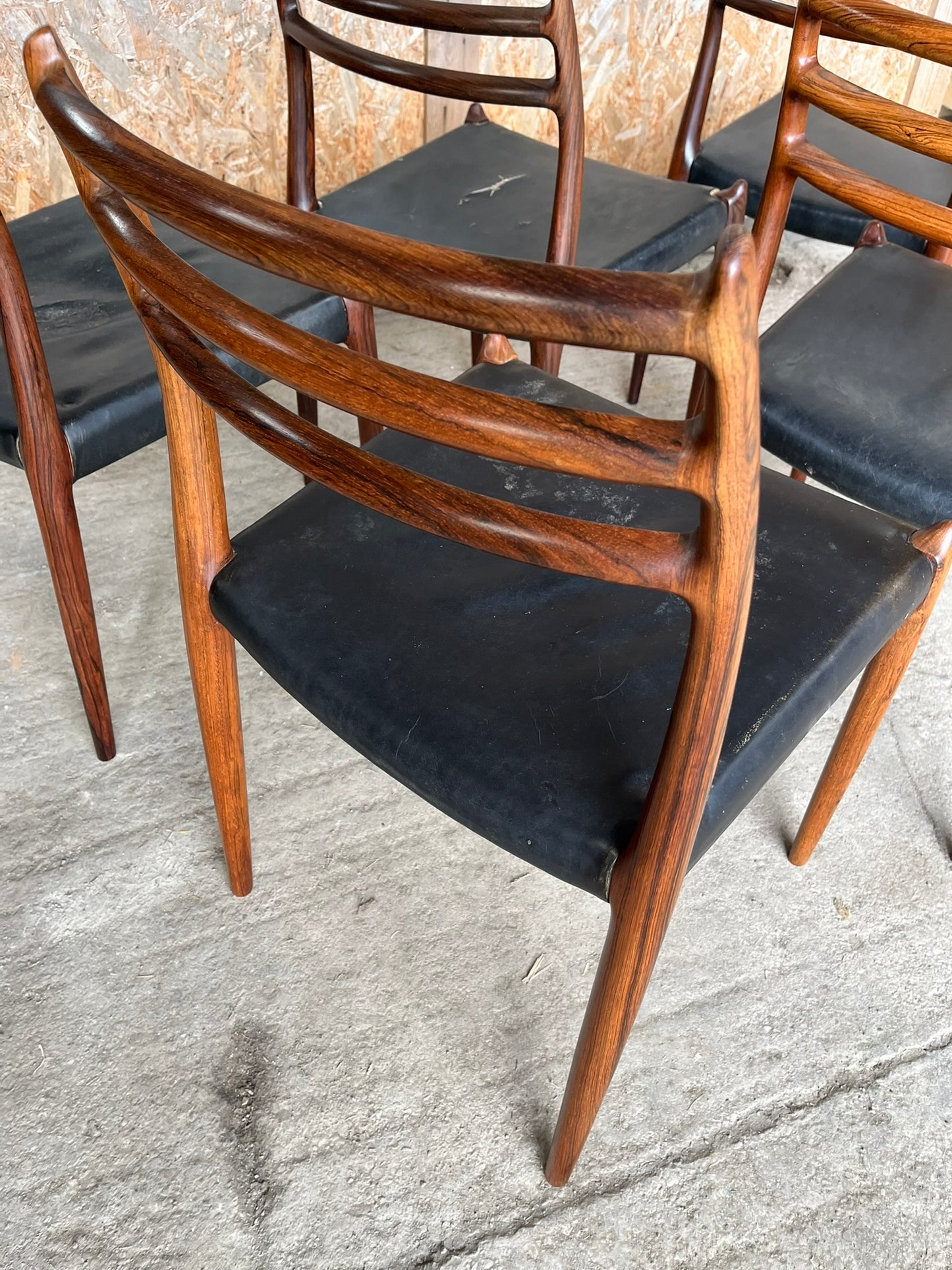 N O Moller 1962 Model 78 Dining Chair Set in Original Black Leather