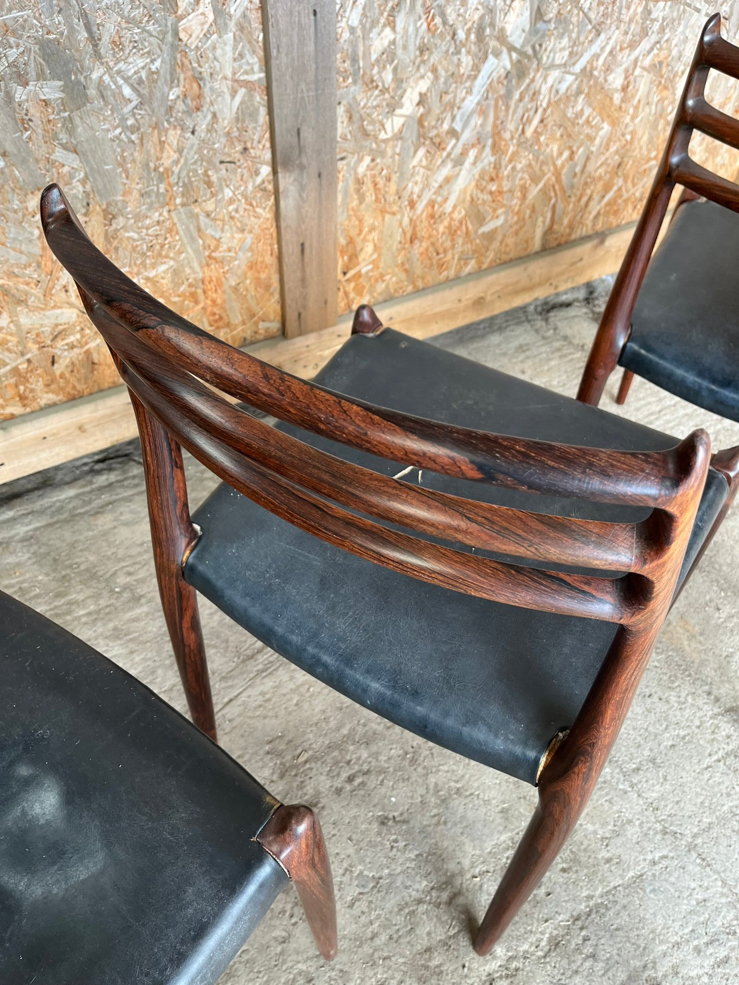 N O Moller 1962 Model 78 Dining Chair Set in Original Black Leather