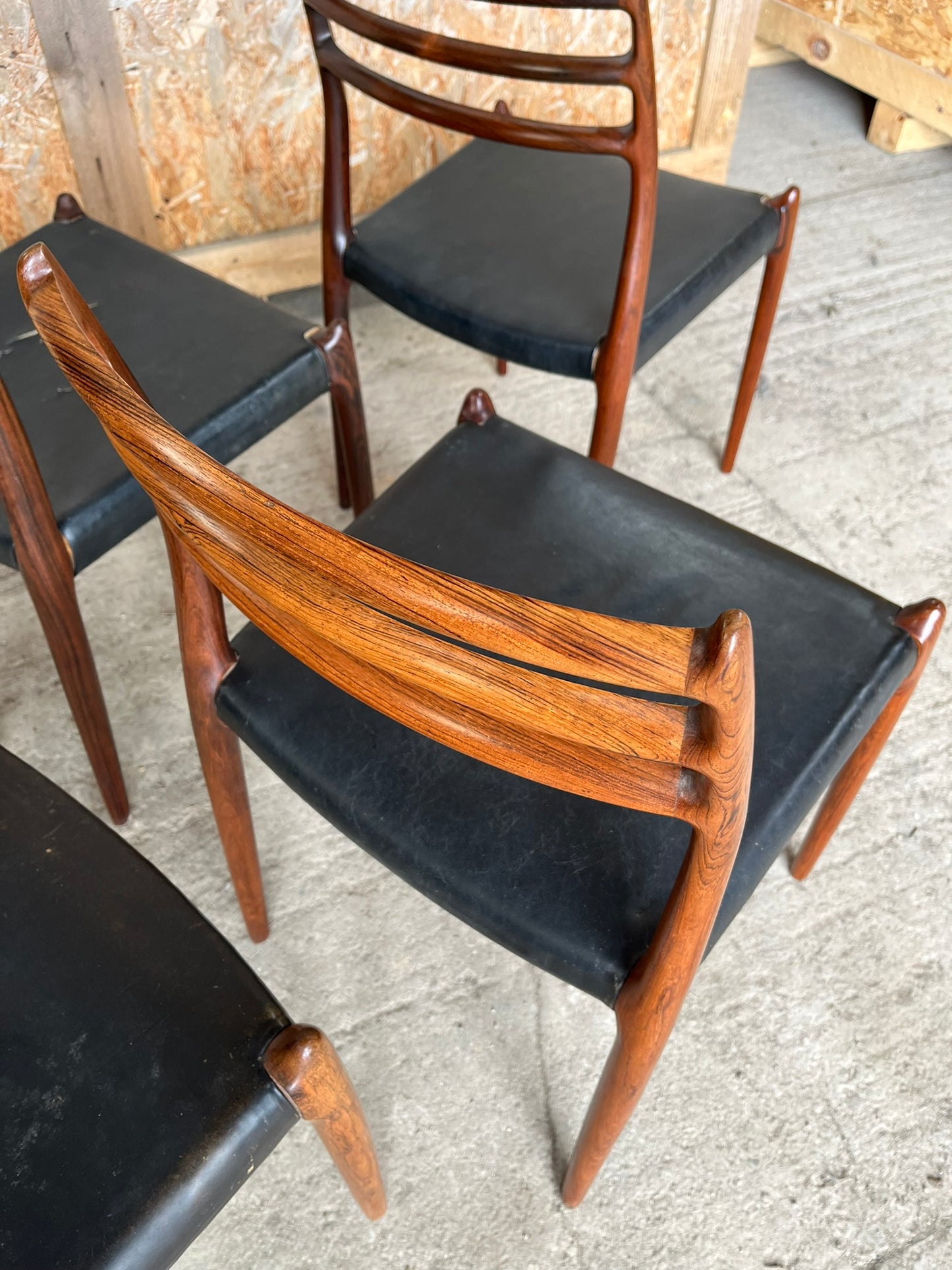 N O Moller 1962 Model 78 Dining Chair Set in Original Black Leather