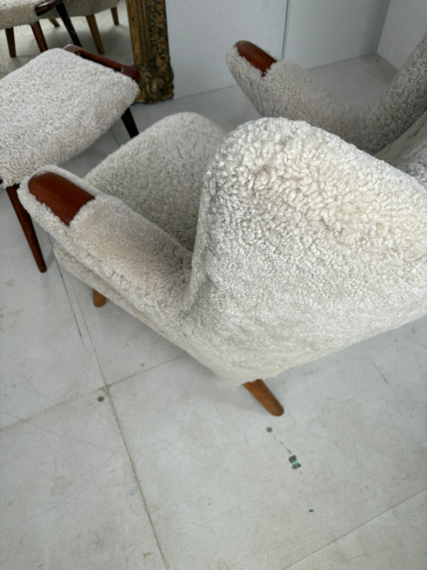 Hans Wegner Papa Bear Chair with Footstool in Lambs Wool Hide