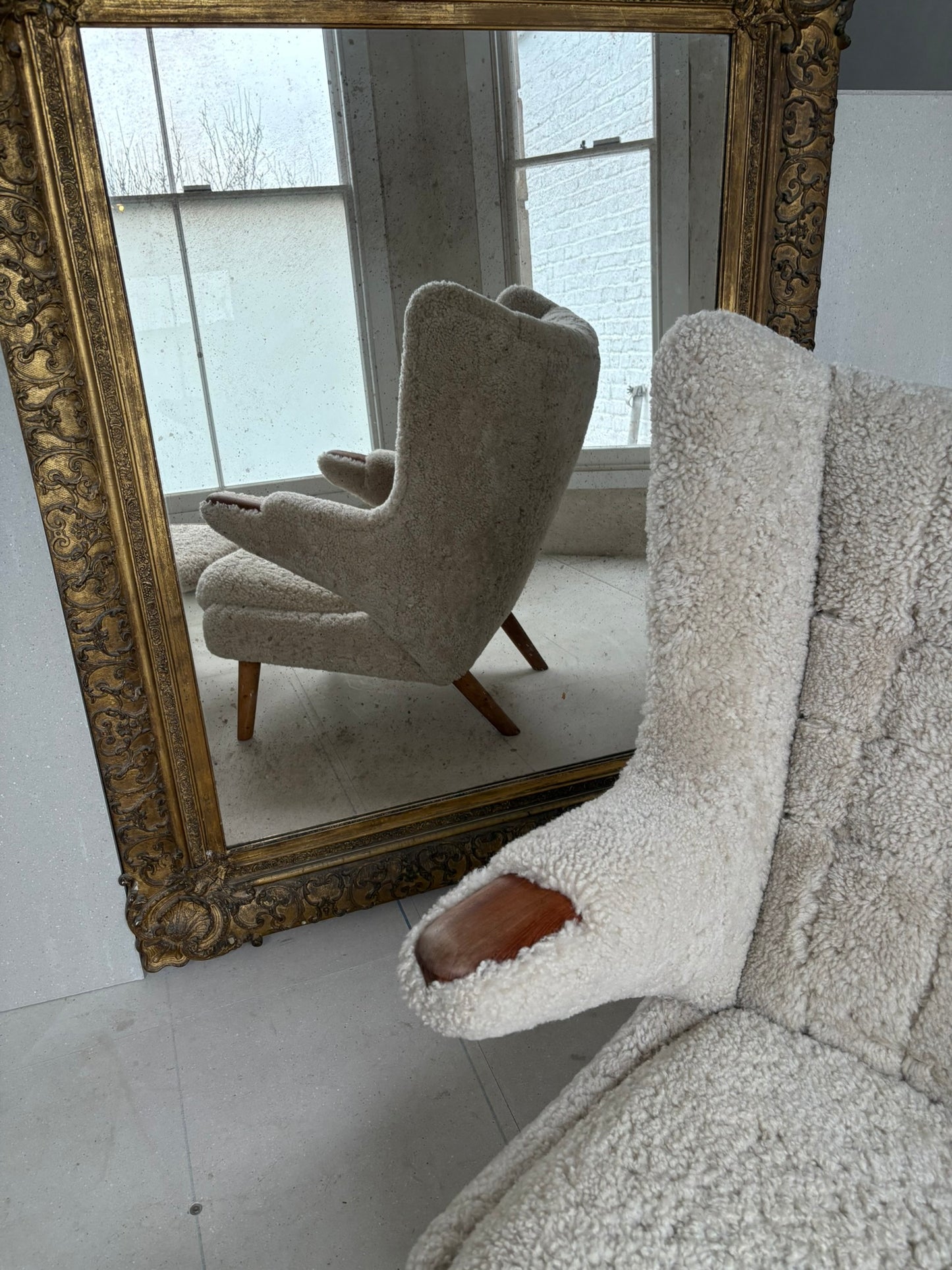 Hans Wegner Papa Bear Chair with Footstool in Lambs Wool Hide