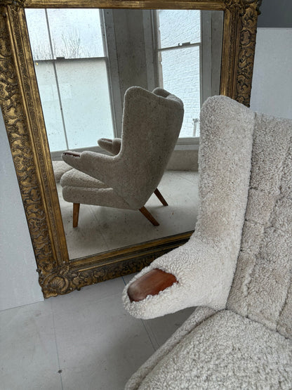 Hans Wegner Papa Bear Chair with Footstool in Lambs Wool Hide