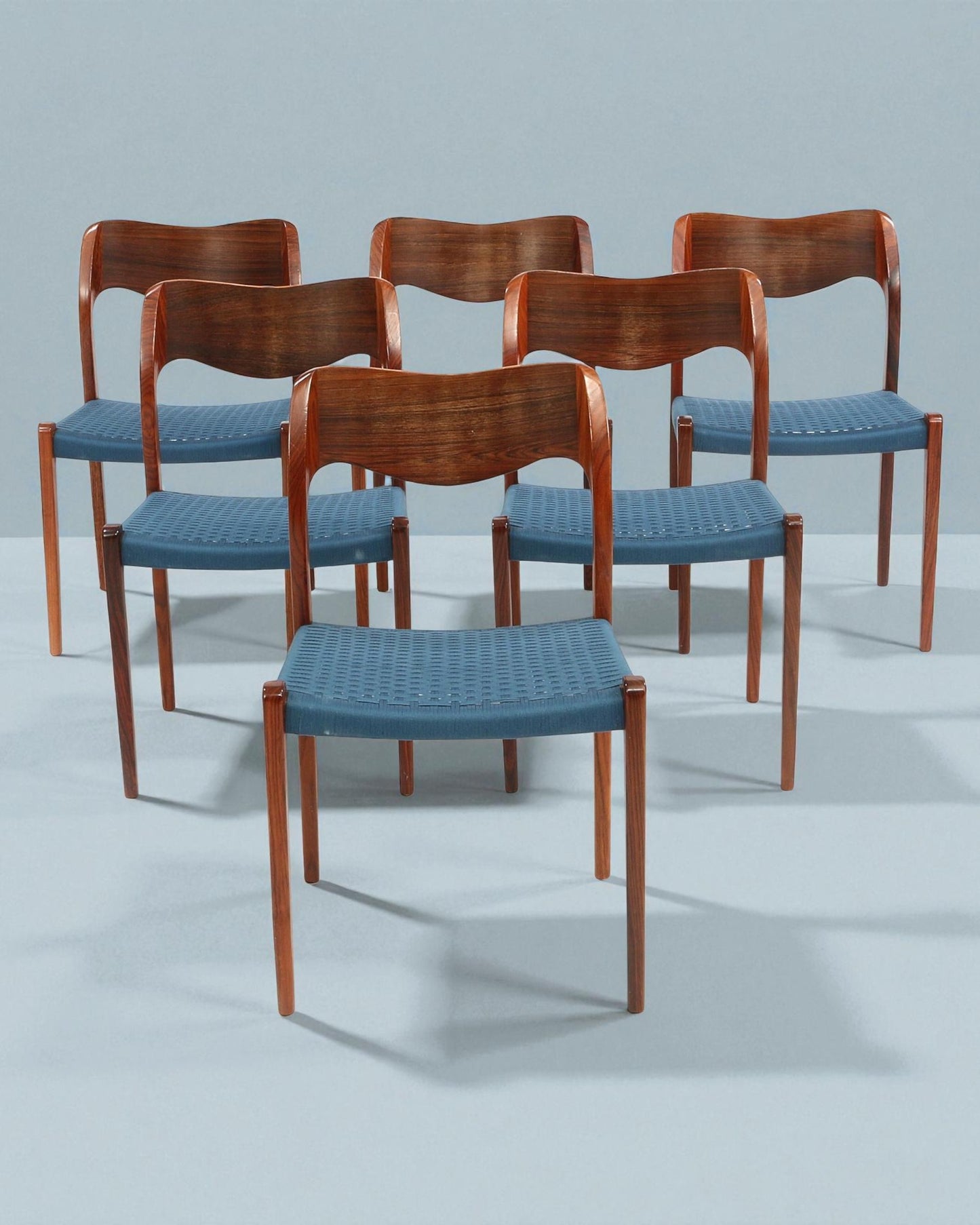 Set of 6 Niels Otto Moller 1951 Dining Chairs with Original Blue Cord